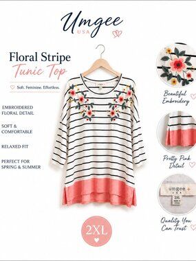 Umgee USA 2XL Floral Embroidered Striped Tunic Top | Pink Hem | Boutique Boho